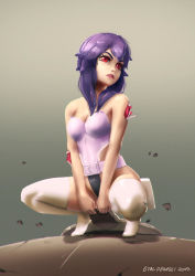  1girl alternate_hair_length alternate_hairstyle bare_shoulders cyborg ghost_in_the_shell ghost_in_the_shell_stand_alone_complex kusanagi_motoko purple_hair solo squatting torn  rating:Sensitive score:5 user:feltwebel