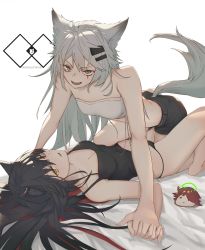2girls :d animal_ears arknights bandeau bare_arms bare_shoulders barefoot bed_sheet black_hair black_panties black_shorts breasts brown_eyes camisole cleavage commentary exusiai_(arknights) fang grey_eyes hair_ornament hairclip highres holding_hands kneeling lappland_(arknights) long_hair looking_at_viewer lying medium_breasts midriff multicolored_hair multiple_girls on_back open_mouth panties parted_lips r_dancer red_hair scar scar_across_eye scar_on_face short_shorts shorts silver_hair simple_background smile spaghetti_strap strapless tail texas_(arknights) thighs tube_top underwear white_background wolf_ears wolf_tail yuri rating:Sensitive score:34 user:danbooru