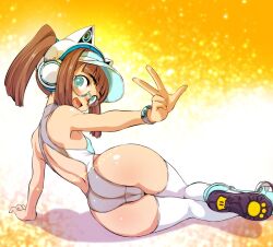  1girl :d animal_ear_headphones animal_ears arm_support ass backless_outfit blue-framed_eyewear blue_eyes blue_footwear brown_hair cameltoe cat_ear_headphones cleft_of_venus ez6 fake_animal_ears fang from_side full_body gradient_background hands_up headphones high_ponytail leotard looking_at_viewer lying on_side open_mouth original semi-rimless_eyewear shoe_soles shoes sidelocks smile sneakers solo thighhighs thighs under-rim_eyewear visor_cap watch white_background white_headphones white_leotard white_thighhighs wristwatch yellow_background 