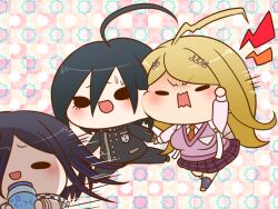  2boys ahoge akamatsu_kaede angry argyle argyle_background arm_belt arm_up backpack bag belt belt_buckle black_eyes black_footwear black_hair black_jacket black_pants black_sclera black_socks blonde_hair bottle breasts brown_footwear buckle buttons chasing checkered_background checkered_clothes checkered_scarf chibi clenched_hand collared_jacket collared_shirt colored_sclera colored_tips commentary_request danganronpa_(series) danganronpa_v3:_killing_harmony double-breasted eyelashes fortissimo furrowed_brow hair_ornament high_collar holding holding_bottle jacket kneehighs large_breasts layered_sleeves light_blush long_hair long_sleeves miniskirt multicolored_hair multiple_boys musical_note musical_note_hair_ornament musical_note_print necktie nervous_smile oma_kokichi open_mouth orange_necktie pale_skin pants pink_background pink_shirt pinstripe_jacket pinstripe_pants pinstripe_pattern pleated_skirt pocket purple_hair purple_skirt purple_vest saihara_shuichi scarf shirt shoes short_hair shout_lines simple_background skirt smile socks solid_oval_eyes speed_lines sweatdrop two-tone_scarf unmoving_pattern v-shaped_eyebrows very_long_hair vest wavy_mouth white_bag white_belt white_jacket white_scarf yumaru_(marumarumaru) 