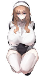 1girl absurdres apron black_footwear blue_eyes blush breasts brown_hair covered_erect_nipples covered_navel frilled_apron frills gloves hair_between_eyes highres huge_breasts kataku_musou kneeling long_hair looking_at_viewer nun open_mouth original sidelocks simple_background skindentation solo thick_thighs thighhighs thighs white_background white_gloves white_thighhighs rating:Sensitive score:58 user:danbooru