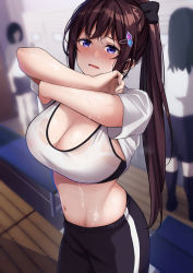3girls absurdres bench black_shorts blush bow breasts brown_hair cleavage clothes_lift commentary_request gym_shirt gym_uniform hair_bow hair_ornament highres karaage_bou large_breasts locker locker_room long_hair looking_at_viewer multiple_girls navel open_mouth original ponytail purple_eyes school_uniform shirt shirt_lift short_sleeves shorts sidelocks solo_focus sports_bra standing sweat underwear undressing wet wet_clothes white_shirt wooden_floor rating:Sensitive score:49 user:danbooru