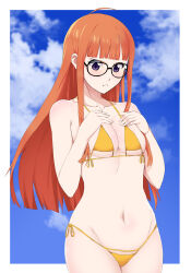  1girl :t absurdres ahoge bikini blue_sky border breast_envy breasts breasts_squeezed_together closed_mouth cloud collarbone glasses hands_on_own_chest hands_up highres long_hair monstermilk navel orange_hair persona persona_5 pout purple_eyes sakura_futaba sky small_breasts solo stomach swimsuit v-shaped_eyebrows very_long_hair white_border yellow_bikini 
