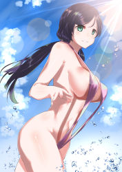  10s 1girl breasts from_side green_eyes highres kurozawa_yui large_breasts light_rays long_hair looking_at_viewer love_live! love_live!_school_idol_project navel one-piece_swimsuit parted_lips purple_eyes purple_one-piece_swimsuit purple_slingshot_swimsuit sideboob skindentation slingshot_swimsuit solo splashing standing swimsuit tojo_nozomi twintails water water_drop  rating:Questionable score:34 user:danbooru
