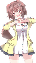  1girl :d absurdres animal_ears blue_bow blush bone_hair_ornament bow braid breasts brown_eyes brown_hair cartoon_bone cleavage collarbone commentary_request cracking_knuckles dog_ears dog_girl dog_tail dress fang hair_between_eyes hair_ornament hair_over_shoulder half-closed_eye highres hololive inugami_korone jacket long_sleeves low_twintails medium_breasts open_clothes open_jacket open_mouth puffy_long_sleeves puffy_sleeves red_bow simple_background smile solo standing tail twin_braids twintails umberblack uneven_eyes v-shaped_eyebrows virtual_youtuber white_background white_dress yellow_jacket 