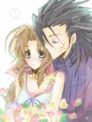  ! 1boy 1girl :o aerith_gainsborough ahoge black_hair blush bouquet brown_hair closed_eyes coco1017 couple crisis_core_final_fantasy_vii cross_scar curly_hair dress earrings facial_scar final_fantasy final_fantasy_vii flower green_eyes hair_ribbon hair_slicked_back hand_on_another&#039;s_head hand_up hetero holding holding_bouquet jewelry kiss kissing_cheek long_hair open_mouth parted_bangs pink_flower pink_ribbon ponytail purple_flower purple_sweater ribbon scar scar_on_cheek scar_on_face simple_background spiked_hair stud_earrings surprised sweater tegaki turtleneck turtleneck_sweater upper_body white_background white_dress yellow_flower zack_fair 