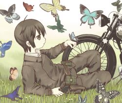  1boy belt belt_pouch brown_belt brown_eyes brown_hair brown_jacket brown_pants bug butterfly butterfly_on_hand day full_body grass gun hand_up highres holstered insect jacket long_sleeves lying male_focus military_uniform motor_vehicle motorcycle on_grass on_ground original outdoors pants pouch shiromomo_sofuto short_hair solo uniform weapon 