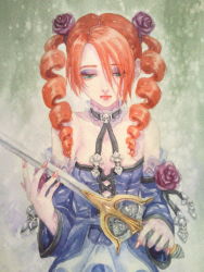 1girl amy_sorel drill_hair gothic_lolita green_eyes lipstick lolita_fashion makeup morito_leaf9 red_hair solo soul_calibur soulcalibur_iii sword weapon rating:Questionable score:17 user:twilight_jester