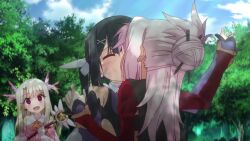  3girls animated anime_screenshot arm_grab black_hair blank_eyes blonde_hair blush breasts child_on_child chloe_von_einzbern closed_eyes dark-skinned_female dark_skin detached_sleeves fate/kaleid_liner_prisma_illya fate_(series) feather_hair_ornament female_focus forced_kiss french_kiss hair_bun hair_ornament hair_ribbon hairclip highres holding holding_another&#039;s_wrist holding_wand illyasviel_von_einzbern interracial kiss leotard loli long_hair long_sleeves looking_at_another magical_girl miyu_edelfelt multiple_girls outdoors pink_hair purple_leotard red_eyes restrained ribbon saliva saliva_trail saliva_trail sidelocks single_hair_bun small_breasts smile sound subtitled tagme tearing_up teeth twintails video wand x_hair_ornament yellow_eyes yuri  rating:Questionable score:472 user:PuttHutt