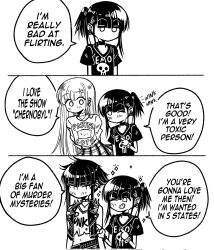  3girls 3koma bare_shoulders blush bracelet choker clothes_writing clueless comic commentary corrupted_twitter_file earrings emo-girl_(grs-) emo_fashion english_commentary english_text goth_fashion greyscale grs- highres jacket jewelry long_hair medium_hair monochrome multiple_girls no_mouth one_eye_closed open_clothes open_jacket original pastel-goth-girl_(grs-) pastel_goth plaid plaid_skirt print_shirt punk punk-girl_(grs-) shirt short_ponytail short_sleeves side_ponytail simple_background skirt smile speech_bubble spiked_bracelet spikes t-shirt white_background you&#039;re_doing_it_wrong yuri 