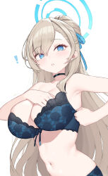  ! 1girl absurdres adjusting_bra adjusting_clothes asuna_(blue_archive) blue_archive blue_bra blue_eyes blue_panties blush bra breasts choker cloba hair_over_one_eye halo hand_in_bra highres lace lace-trimmed_bra lace_trim large_breasts light_brown_hair lingerie long_hair looking_at_viewer panties parted_lips solo stomach underwear underwear_only 