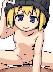  1boy 1girl after_vaginal aftersex akai_(ugokashitari) animated animated_gif bar_censor beanie bitou_raimu black_headwear blonde_hair blue_eyes blush censored closed_eyes closed_mouth commentary_request commission completely_nude cowgirl_position cum cum_in_pussy cum_overflow cumdrip flat_chest girl_on_top hat hat_ornament hetero loli looking_at_viewer navel nipples nude open_mouth penis pixel_art pov pov_crotch pussy pussy_juice sex short_hair simple_background skeb_commission skull_hat_ornament smile solo_focus spread_legs straddling subarashiki_kono_sekai vaginal white_background  rating:Explicit score:658 user:danbooru