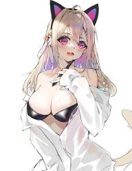  1girl absurdres ahoge animal_ears blush bra breasts cat_ears cat_tail cleavage dress_shirt fang highres large_breasts light_brown_hair long_hair looking_at_viewer open_mouth pink_eyes shirt solo tail underwear yamasede_neiko  rating:Explicit score:1 user:Ellipse8