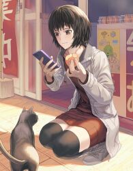  1girl amagami banner black_cat black_hair black_thighhighs boots breasts brown_dress brown_eyes casual cat cellphone closed_mouth coat commentary drawstring dress eating food full_body grey_footwear highres holding holding_food holding_phone hood hood_down imagawayaki light_blush light_smile long_coat long_sleeves looking_at_phone loose_hair_strand nanasaki_ai nanidato_(nanidat0) open_clothes open_coat phone poster_(object) puu_(amagami) shop short_hair sidewalk sliding_doors small_breasts smartphone solo squatting sweater sweater_dress taking_picture thighhighs tile_floor tiles white_coat zettai_ryouiki 