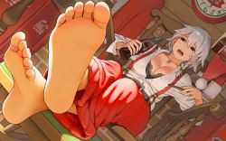 1girl barefoot black_eyes bra braid breasts chair cigar cleavage earrings feet foot_focus hat jewelry necklace open_clothes open_mouth open_shirt pov santa_hat silver_hair sitting soles suspenders toes underwear rating:Sensitive score:37 user:ssfl