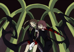  1girl 1other black_robe blade_to_throat blonde_hair blue_hair cardigan cathedral crazy crazy_smile crona_(soul_eater) derogi fighting gloves green_eyes holding holding_scythe holding_sword holding_weapon maka_albarn miniskirt necktie plaid plaid_skirt purple_eyes purple_hair robe scythe skirt smile soul_eater striped_necktie sword twintails weapon white_gloves 