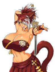  1girl animal_ears breasts brown_hair cat_ears cat_tail devil-v final_fantasy final_fantasy_xiv highres huge_breasts miqo&#039;te purple_lips sword tail weapon  rating:Questionable score:58 user:gougetsu00
