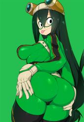 10s 1girl :&gt; ass ass_grab asui_tsuyu bad_id bad_twitter_id black_eyes bodysuit boku_no_hero_academia breasts commentary deep_skin english_commentary eyes_visible_through_hair frog_girl from_behind goggles goggles_on_head green_background green_bodysuit green_theme hair_between_eyes hair_rings highres huge_ass large_breasts long_hair long_tongue looking_at_viewer looking_back low-tied_long_hair medium_breasts shiny_clothes shiny_skin simple_background skin_tight slugbox solo spread_ass thick_thighs thighs tongue tongue_out rating:Sensitive score:160 user:danbooru