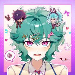  &gt;_&lt; 1boy 2girls absurdres animal_ear_hairband animal_ears black_jacket blue_hair blush border bow broken_heart chibi chinese_commentary collared_shirt commentary_request fake_animal_ears flying_sweatdrops furrowed_brow green_hair hair_bow hair_ornament hair_over_one_eye hairband hairclip hairpin hand_up heart highres idol_land_pripara jacket katasumi_amari long_hair looking_at_viewer mario_(pripara) messy_hair mini_person miniboy minigirl multiple_girls necktie open_mouth outline pink_bow pink_eyes pretty_series pripara purple_border rabbit_ear_hairband rabbit_ears red_eyes school_uniform shirt short_hair spoken_squiggle squiggle standing twintails upper_body upturned_eyes wavy_mouth white_outline white_shirt x_hair_ornament zhou_(suzusuz57561619) 