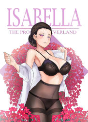 1girl aikanaroc bare_shoulders blush breasts brown_hair cleavage closed_mouth collarbone commentary covered_navel curvy english_commentary flower hair_bun highres isabella_(yakusoku_no_neverland) large_breasts looking_at_viewer mature_female off_shoulder open_clothes open_shirt panties pantyhose purple_eyes shirt single_hair_bun solo stomach thighband_pantyhose underwear white_shirt yakusoku_no_neverland rating:Questionable score:107 user:danbooru