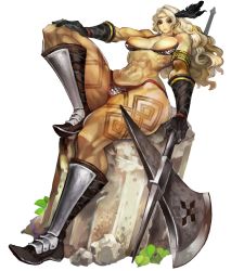 1girl absurdres amazon_(dragon&#039;s_crown) amazon_warrior axe barbarian blonde_hair boots breasts circlet dragon&#039;s_crown feathers halberd highres kamitani_george large_breasts long_hair muscular muscular_female official_art panties polearm sitting solo tattoo thick_thighs thighs thong underwear vanillaware weapon rating:Questionable score:31 user:danbooru