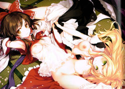 2girls absurdres armpits arms_up blonde_hair bloomers bloomers_around_one_leg bloomers_pull bottomless bow breasts breasts_out brown_eyes brown_hair censored cherry_blossoms clothes_lift convenient_censoring detached_sleeves dress dress_shirt green_eyes hair_bow hair_censor hakurei_reimu hand_in_pants hat unworn_hat unworn_headwear highres ke-ta kirisame_marisa long_hair looking_at_viewer lying multiple_girls navel nipples on_back on_side open_clothes open_shirt petals scan see-through shirt shirt_lift smile tatami touhou underwear white_bloomers yuri rating:Questionable score:150 user:danbooru