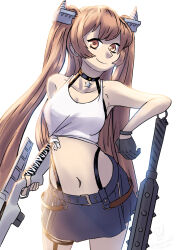  1girl absurdres black_gloves blue_skirt brown_eyes club club_(weapon) cone_horns cowboy_shot gloves gun headgear highres horns johnston_(kancolle) kanabou kantai_collection light_brown_hair long_hair navel official_alternate_costume one-hour_drawing_challenge rifle ron_(pixiv83091338) simple_background skirt smile solo two_side_up weapon white_background 