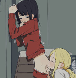  2girls against_wall arm_support black_hair blonde_hair blush carol_olston closed_eyes clothes_pull coldcat. covering_own_mouth cowboy_shot cunnilingus dot_nose flat_color from_side gundou_misuzu gym_storeroom hand_up high_ponytail highres implied_anilingus indoors jacket long_bangs long_hair looking_at_another looking_back motion_lines multiple_girls nose_blush oral pants pants_pull parted_bangs raised_eyebrows red_jacket red_pants shirt sidelocks standing standing_cunnilingus sweat tomo-chan_wa_onna_no_ko track_jacket track_pants trembling white_shirt yuri  rating:Explicit score:288 user:danbooru