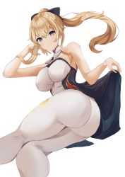  1girl ass bare_shoulders blonde_hair blue_eyes bow breasts from_below genshin_impact hair_bow highres huge_ass jean_(genshin_impact) large_breasts long_hair looking_at_viewer pants ponytail sino_(sionori) sitting smile solo thick_thighs thighs tight_clothes tight_pants yokozuwari 