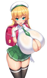  1girl absurdres backpack bag beret black_thighhighs blonde_hair blue_eyes breasts bursting_breasts cleavage cowboy_shot crime_prevention_buzzer curvy gigantic_breasts gloves green_skirt hair_ornament hairpin hat highres charm_(object) long_hair microskirt necktie open_mouth oppai_loli original pleated_skirt school_uniform shake_(yawarakataiyo) shiny_clothes shiny_skin shirt simple_background skindentation skirt sleeveless sleeveless_shirt solo symbol-shaped_pupils thick_eyebrows thick_thighs thighhighs thighs white_background white_gloves white_shirt  rating:Sensitive score:189 user:Benk941