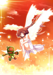  00s 1girl bad_id bad_pixiv_id barefoot brown_hair clannad collarbone dress closed_eyes feathered_wings garbage_doll girl_from_the_illusionary_world hugging_own_legs long_hair natsumikan okazaki_ushio smile solo sundress very_long_hair white_dress white_wings wings 
