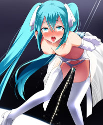  1girl ahegao aqua_eyes aqua_hair arms_behind_back bad_id bad_pixiv_id bdsm bondage bound clothing_aside dress drooling elbow_gloves garter_belt gloves hatsune_miku highres long_hair long_legs magukappu open_mouth panties panties_aside pee peeing saliva sex_toy solo sweat tears thighhighs tongue tongue_out twintails underwear very_long_hair vibrator vocaloid wedding_dress white_thighhighs  rating:Explicit score:219 user:danbooru
