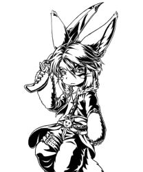  1other alpha_transparency animal_ears belt body_fur bune cosplay final_fantasy furry gunblade horizontal_pupils made_in_abyss monochrome nanachi_(made_in_abyss) other_focus short_hair squall_leonhart weapon whiskers  rating:Sensitive score:2 user:Kain_Gladius