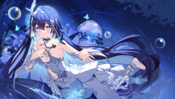  1girl absurdres bare_shoulders barefoot blue_butterfly blue_eyes blue_flower blue_hair blue_theme bubble bug butterfly chest_tattoo closed_mouth dress flower hair_between_eyes hair_flower hair_ornament hand_on_own_chest highres honkai_(series) honkai_impact_3rd huiyuanaideknight insect jellyfish light_smile long_hair looking_at_viewer navel open_hand seele_(honkai:_star_rail) seele_vollerei seele_vollerei_(herrscher_of_rebirth) smile solo strapless strapless_dress tattoo toes very_long_hair water water_drop watermark white_dress 