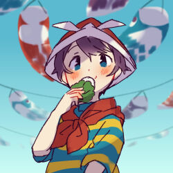 1boy black_hair blue_eyes blue_sky blurry blurry_background blush eating food hand_up holding holding_food kashiwa_mochi_(food) kodomo_no_hi koinobori looking_at_viewer male_focus mother_(game) mother_1 neckerchief ninten nintendo paper_hat paper_kabuto red_neckerchief shifumame shirt short_hair short_sleeves sky solo striped_clothes striped_shirt upper_body windsock