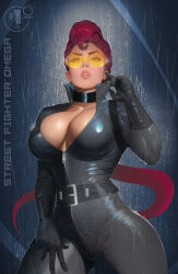  1girl :o belt blue_background breasts catsuit crimson_viper gloves goggles highres ickpot large_breasts latex lips looking_at_viewer rain red_hair street_fighter wet zipper 