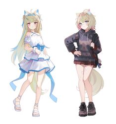  2girls :3 ahoge alternate_costume animal_ear_fluff animal_ears armpit_crease backpack bag bandage_on_face bandage_on_leg bandages bare_legs bare_shoulders blonde_hair blue_bow blue_eyes blue_hair blue_hairband blue_ribbon blunt_bangs blush bow breasts brown_footwear closed_mouth collarbone colored_inner_animal_ears colored_inner_hair criss-cross_halter detached_sleeves dog_ears dog_girl dog_tail double-parted_bangs drawstring dress extra_ears firehippo frilled_dress frills full_body fuwawa_abyssgard grey_hoodie hair_intakes hair_ornament hairband hairclip halterneck hand_on_own_hip hashtag-only_commentary highres holding_strap hololive hololive_english hood hood_down hoodie horn_hairband layered_dress long_hair long_sleeves looking_at_viewer medium_breasts miniskirt mococo_abyssgard multicolored_hair multiple_girls pink_eyes pink_hair plaid plaid_skirt pleated_skirt print_hoodie red_skirt ribbon sandals scrunchie shoes short_dress short_hair siblings sidelocks simple_background sisters skirt sleeveless sleeveless_dress small_breasts smile sneakers standing standing_on_one_leg streaked_hair tail thick_eyelashes thigh_gap toes turning_head twins two_side_up very_long_hair virtual_youtuber waist_bow white_background white_dress white_footwear white_scrunchie white_sleeves wrist_scrunchie x_hair_ornament  rating:General score:4 user:danbooru