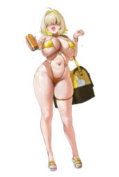  1girl absurdres alternate_costume bag bikini blonde_hair blush breasts can chochomi colored_inner_hair elegg_(nikke) full_body goddess_of_victory:_nikke hair_intakes highres holding holding_can huge_breasts large_breasts looking_at_viewer multicolored_hair navel one-piece_swimsuit open_mouth plump purple_eyes short_hair simple_background slingshot_swimsuit smile solo standing stomach string_bikini swimsuit thick_thighs thigh_strap thighs toes underboob wet white_background yellow_bag yellow_bikini yellow_one-piece_swimsuit yellow_slingshot_swimsuit  rating:Sensitive score:199 user:danbooru