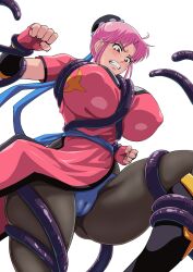 1girl breasts brown_eyes chinese_clothes closed_mouth covered_erect_nipples dragon_quest dragon_quest_dai_no_daibouken iwao178 large_breasts maam_(dragon_quest_dai_no_daibouken) panties pink_hair short_hair tentacles underwear white_background