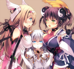  3girls ar_tonelico ar_tonelico_i aurica_nestmile bad_id bad_pixiv_id bare_shoulders between_breasts blonde_hair blue_eyes blush bodysuit braid breast_envy breasts brown_background brown_hair choker detached_sleeves girl_sandwich green_eyes hair_ornament hair_ribbon hairband head_between_breasts headgear jitome large_breasts long_hair misha_arsellec_lune multiple_girls obi odd_one_out open_mouth r0c ribbon sandwiched sash short_hair shurelia_(ar_tonelico) silver_hair simple_background twin_braids yin_yang  rating:Sensitive score:41 user:danbooru
