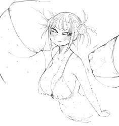 1girl absurdres ass bikini blunt_bangs blush boku_no_hero_academia breasts cleavage coffing covered_erect_nipples double_bun hair_bun highres huge_ass large_breasts monochrome sketch smile solo sweat swimsuit toga_himiko white_background rating:Questionable score:47 user:JustHere4Butts