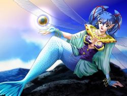 blue_hair breasts cleavage girl_doll_2_shisha jewelry mermaid monster_girl pointy_ears uran wings rating:Sensitive score:6 user:Jaretha