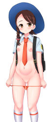  1girl backpack bag bikini bikini_bottom_only bikini_pull blush braid breasts brown_eyes brown_hair cleft_of_venus closed_mouth clothes_pull collared_shirt creatures_(company) cropped_shirt feet_out_of_frame female_focus game_freak groin hair_ornament hairclip hat highres juliana_(pokemon) kneehighs loli long_hair looking_at_viewer navel necktie nintendo nipples orange_necktie pokemon pokemon_sv pulled_by_self pussy shipua_(the_worst_night_ever) shirt short_sleeves side_braid simple_background single_braid small_breasts socks solo standing stomach swimsuit uncensored white_background zyarame 