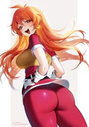  1girl absurdres artist_name ass ass_focus blush breasts earrings gloves headband highres jewelry lina_inverse long_hair looking_at_viewer looking_back open_mouth orange_hair pants red_eyes skirt slayers smile solo tight_clothes tight_pants 
