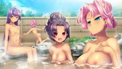 &gt;_&lt; 4girls ass bare_shoulders black_hair blue_eyes breasts closed_eyes cloud collarbone dark-skinned_female dark_skin fence game_cg hair_bun hair_intakes hand_on_own_chest hikage_eiji kannei koihime_musou large_breasts loli long_hair multiple_girls navel nipples nude onsen open_mouth outdoors outstretched_arms partially_submerged pink_hair purple_eyes purple_hair red_eyes running shuutai siblings single_hair_bun sisters sky small_breasts smile sonken sonshoukou steam suzukuri_karin-chan very_long_hair water wooden_fence rating:Questionable score:50 user:danbooru