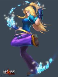  1girl belt blonde_hair blue_eyes boots breasts claire_fox cropped_jacket denim fingerless_gloves gloves high_ponytail ice_crystal jeans lips long_hair multiple_belts nail_polish official_art pants shirt solo taut_clothes taut_shirt tencent_qq xuan_dou_zhi_wang 