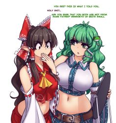 2girls antenna_hair ascot bare_shoulders belt black_eyes black_hair blue_skirt bow breasts collarbone commentary constricted_pupils cosplay covering_own_mouth cowboy_shot crop_top detached_sleeves english_commentary english_text engrish_text frilled_bow frilled_shirt_collar frills frog_hair_ornament green_eyes green_hair hair_between_eyes hair_bow hair_ornament hair_tubes hakurei_reimu hakurei_reimu_(cosplay) hand_up hater_(hatater) highres himekaidou_hatate kochiya_sanae large_breasts long_hair long_sleeves looking_at_another looking_at_mirror medium_breasts midriff mirror multiple_girls navel open_mouth pointy_ears ranguage red_bow red_skirt ribbon-trimmed_sleeves ribbon_trim shirt sidelocks simple_background skirt snake_hair_ornament standing stomach touhou v-shaped_eyebrows white_background white_shirt wide_sleeves wing_collar yellow_bow rating:Sensitive score:28 user:danbooru