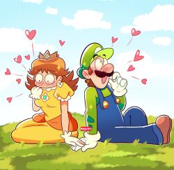 black_eyes blue_sky blush brown_hair cloud cloudy_sky crown dress embarrassed facial_hair gloves grass hand_on_another&#039;s_hand highres holding_hands kneeling luigi manysart1 mario_(series) mustache nintendo overalls princess_daisy sky