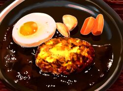  carrot carrot_slice egg_(food) food food_focus fried_egg frying-ammonite hamburger_steak no_humans original potato potato_wedges sauce still_life 
