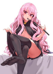  1girl asanagi ass black_skirt black_thighhighs blush cape crossed_legs feet flat_chest highres long_hair looking_at_viewer louise_francoise_le_blanc_de_la_valliere open_mouth pink_eyes pink_hair shiny_skin sitting skirt solo thighhighs toes topless whip zero_no_tsukaima  rating:Sensitive score:20 user:danbooru